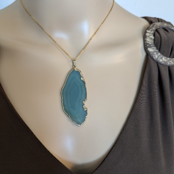 Aqua Blue Slice Agate Necklace Pendant - Picture 1 of 3